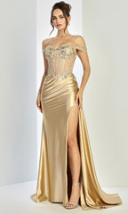 Adora Design 3281 - Off Shoulder Corset Long Gown with Side Drape