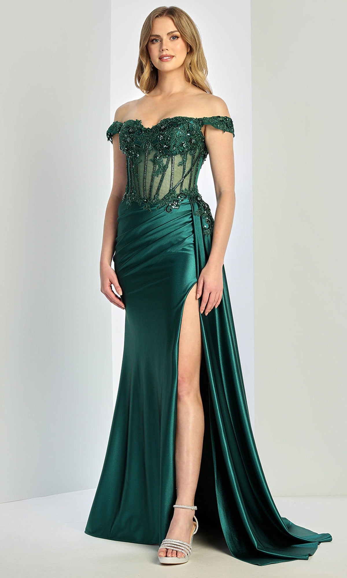 Adora Design 3281 - Off Shoulder Corset Long Gown with Side Drape