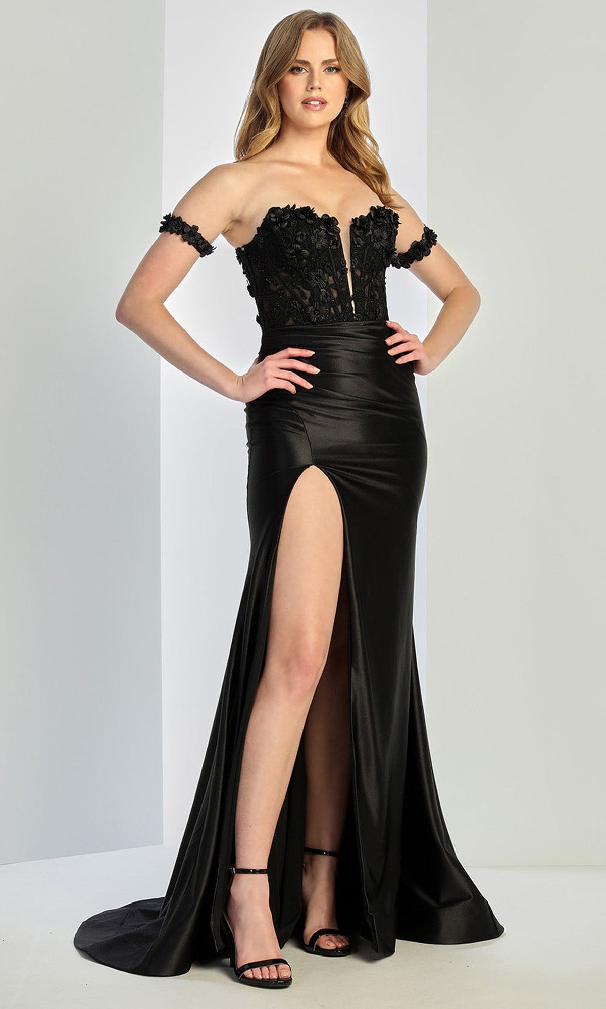 Adora Design 3293 - Sheath High Slit Prom Gown with Floral Applique