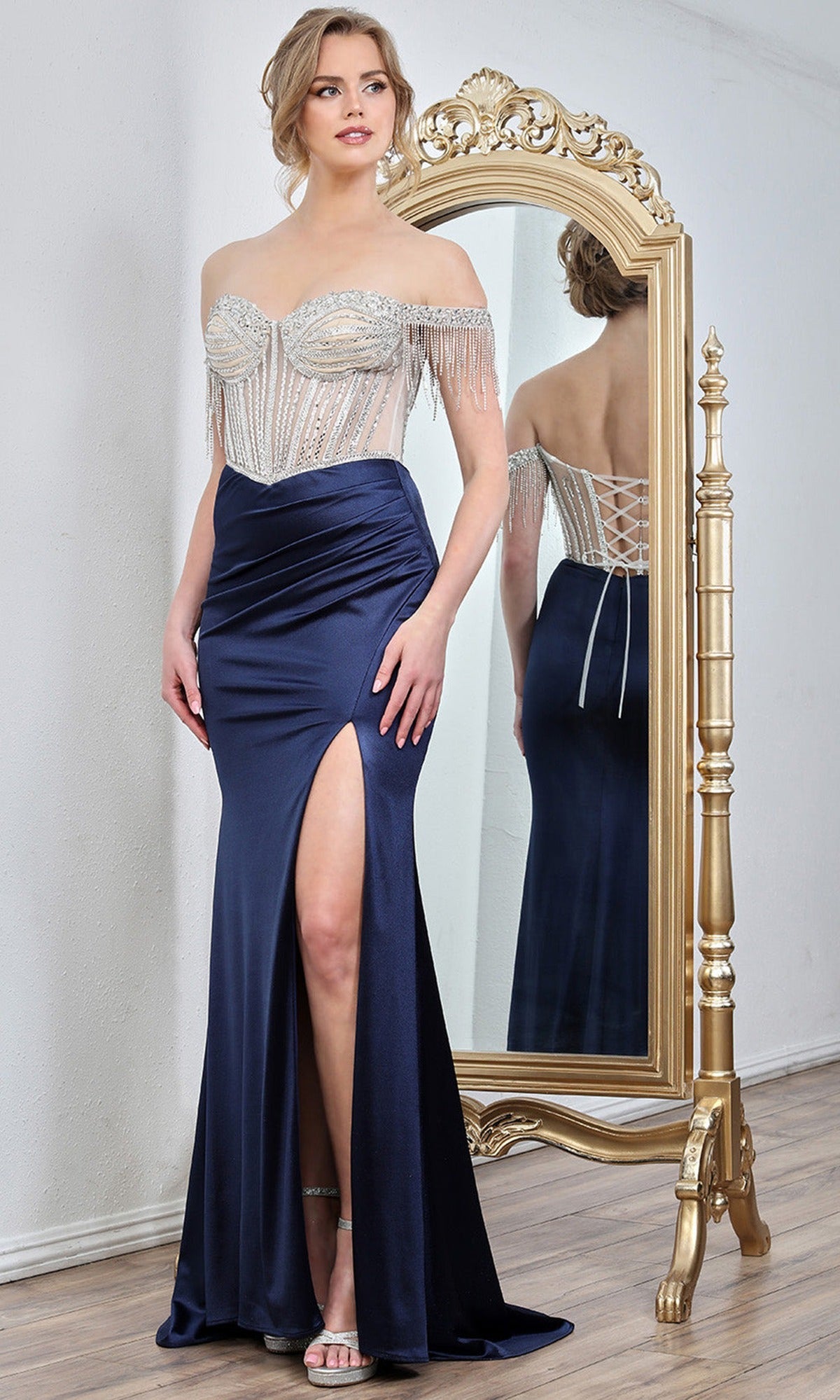 Adora Design 3297 - Draped Sleeve Fringe Sheath Evening Gown