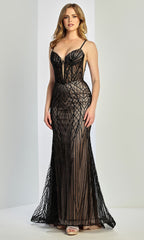 Adora Design 3300 - Spaghetti Strap Beaded Geometric Prom Gown