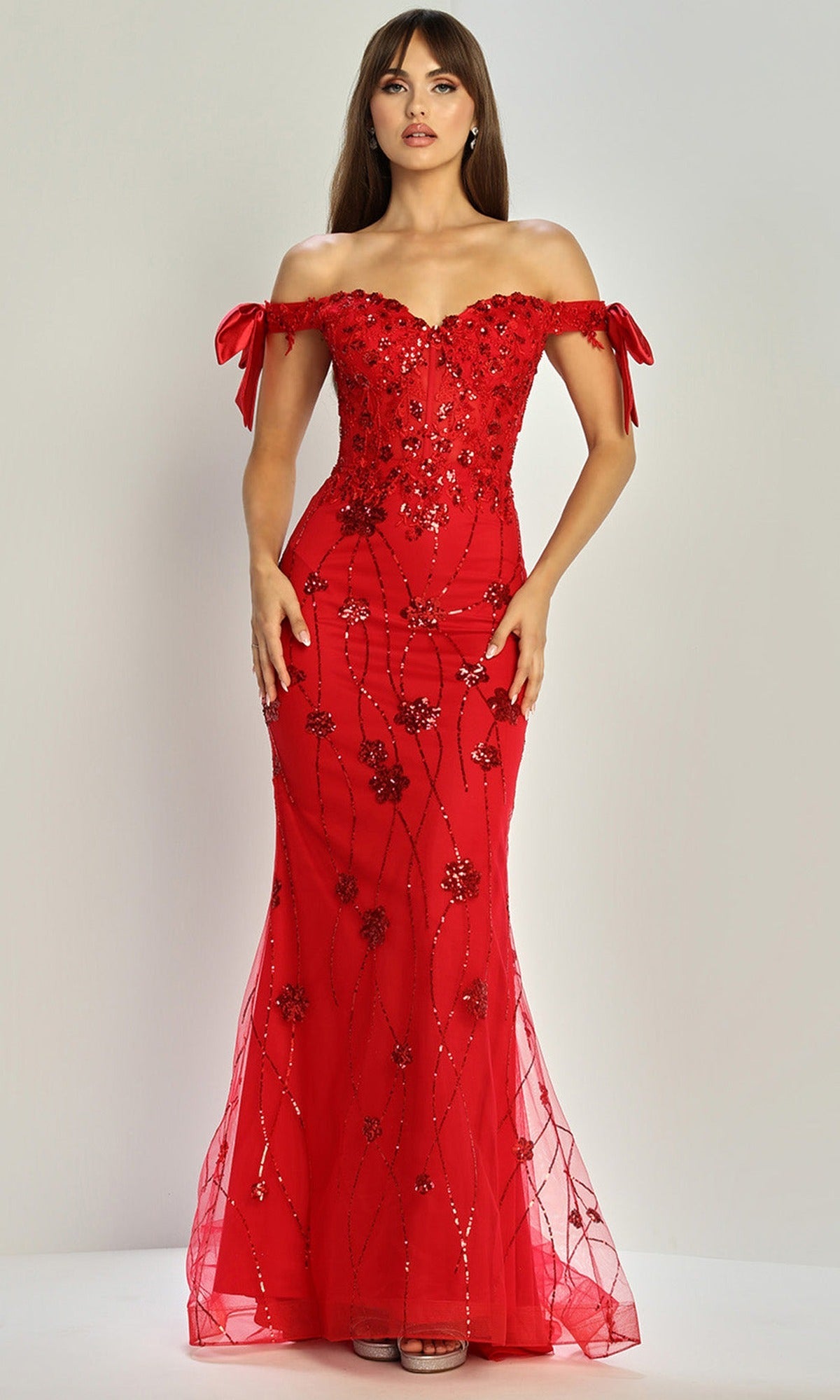 Adora Design 3307 - Off Shoulder Bow Sleeve Sparkling Gown