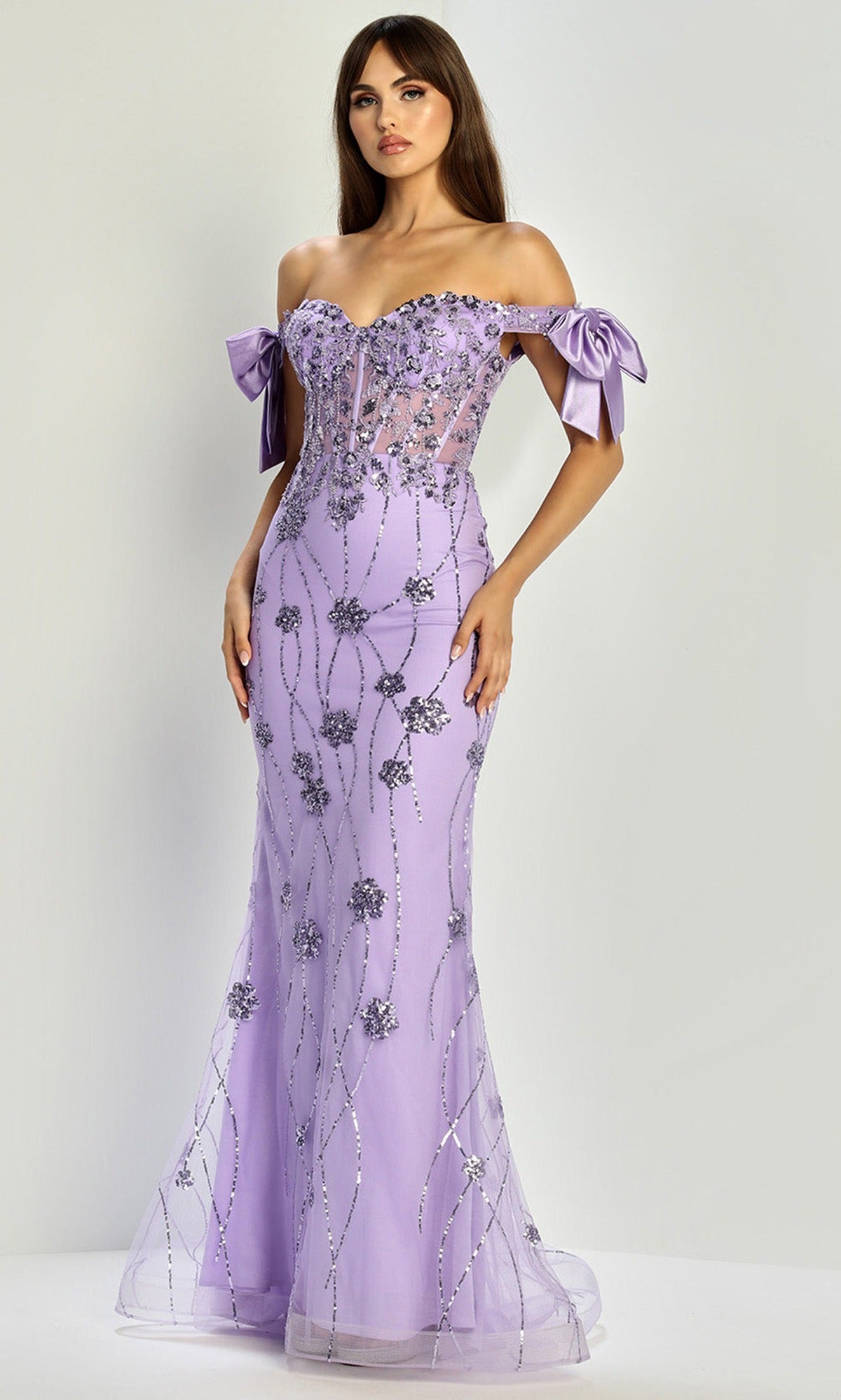 Adora Design 3307 - Off Shoulder Bow Sleeve Sparkling Gown