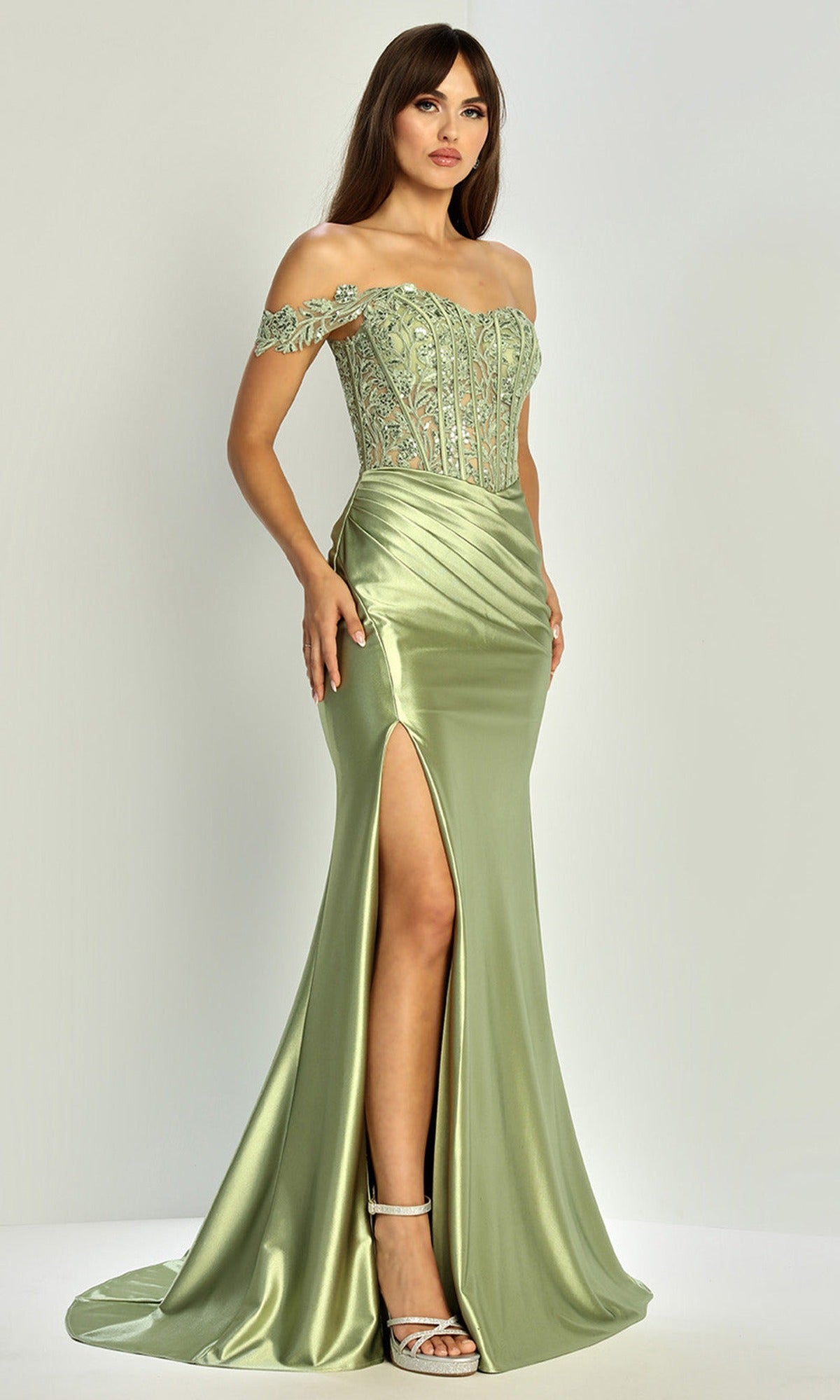 Adora Design 3308 - Embroidered Corset High Slit Prom Gown