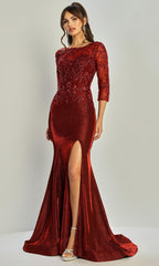 Adora Design 3315-03 - Beaded Lace Illusion Sleeve Formal Gown