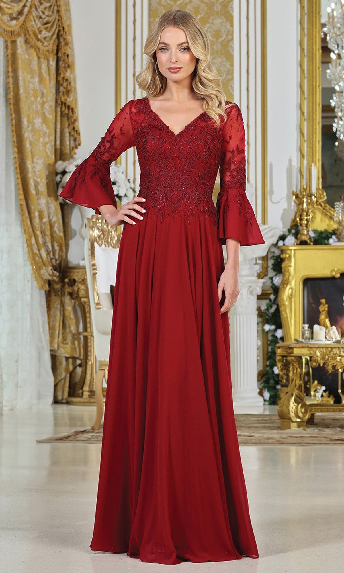 Adora Design 3317-03 - Three-Quarter Bell Sleeve Beaded Formal Gown