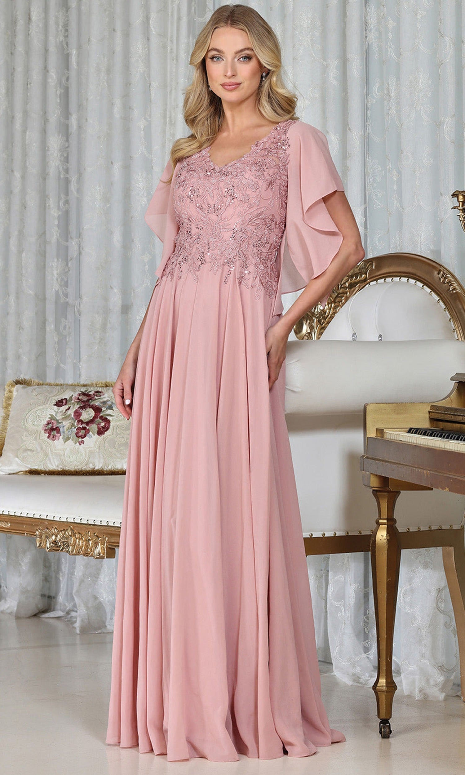 Adora Design 3318-03 - Beaded Lace Flutter Sleeve Formal Gown