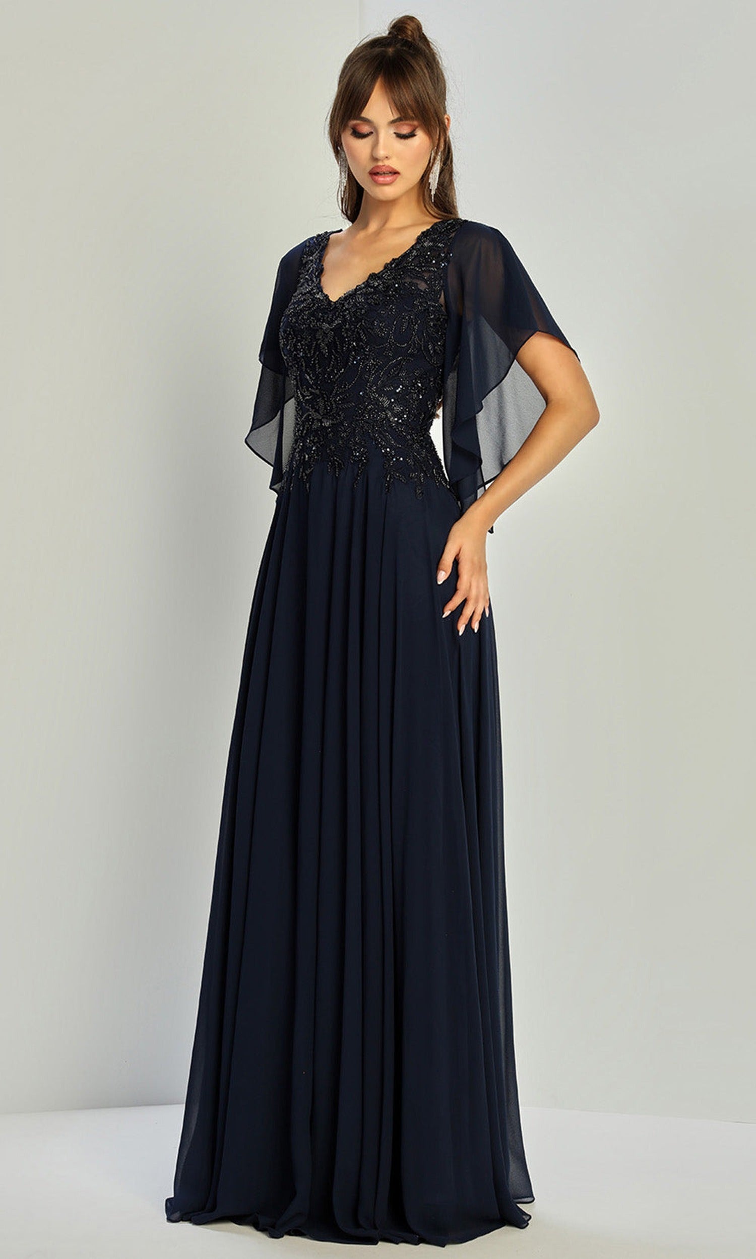 Adora Design 3318-03 - Beaded Lace Flutter Sleeve Formal Gown