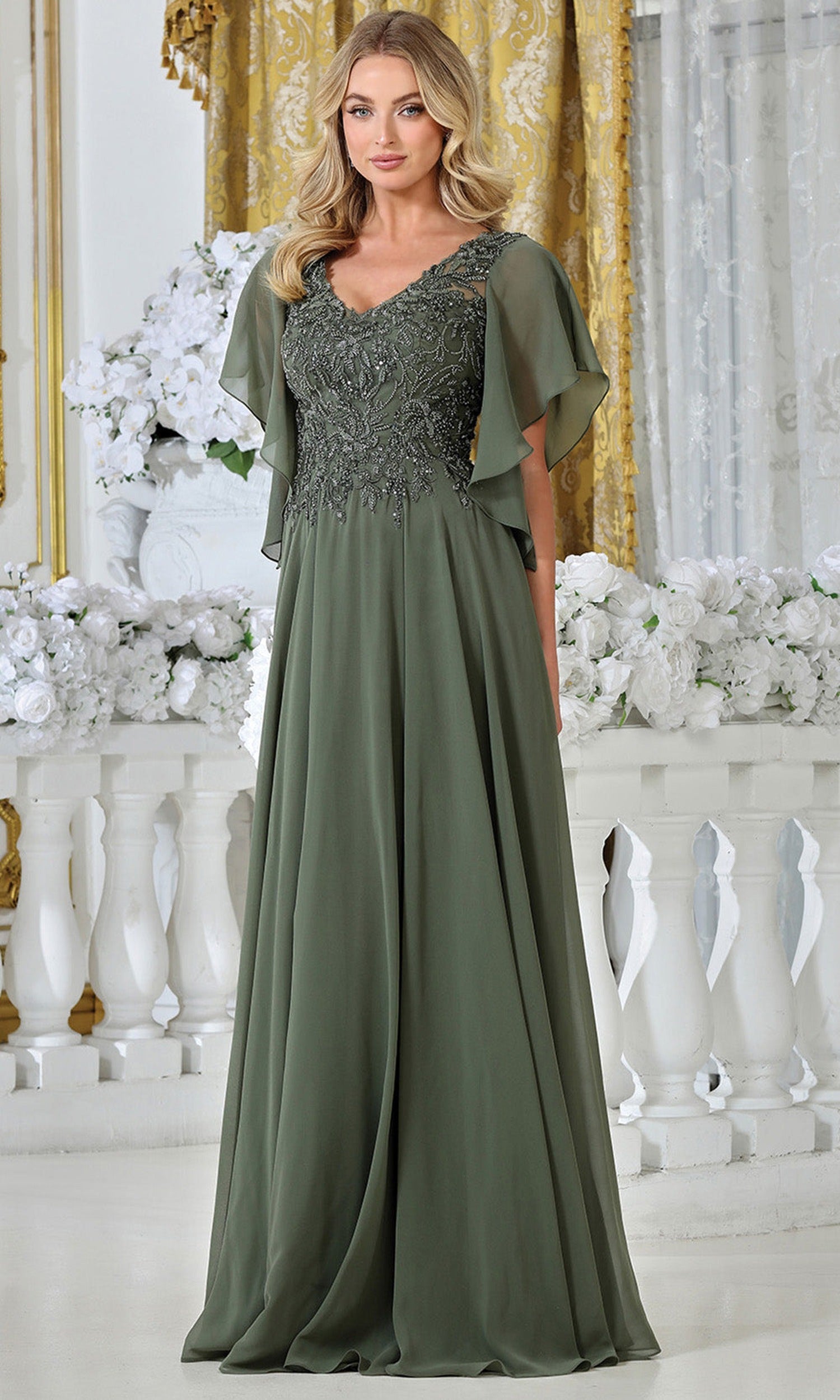 Adora Design 3318-03 - Beaded Lace Flutter Sleeve Formal Gown