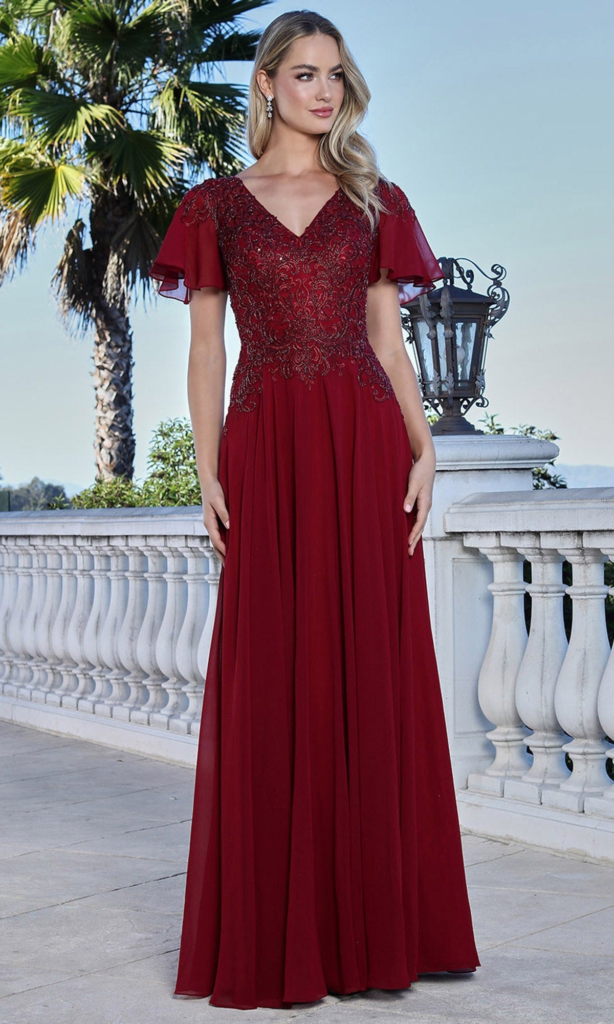 Adora Design 3356-03 - Lace Applique Flutter Sleeve Formal Gown