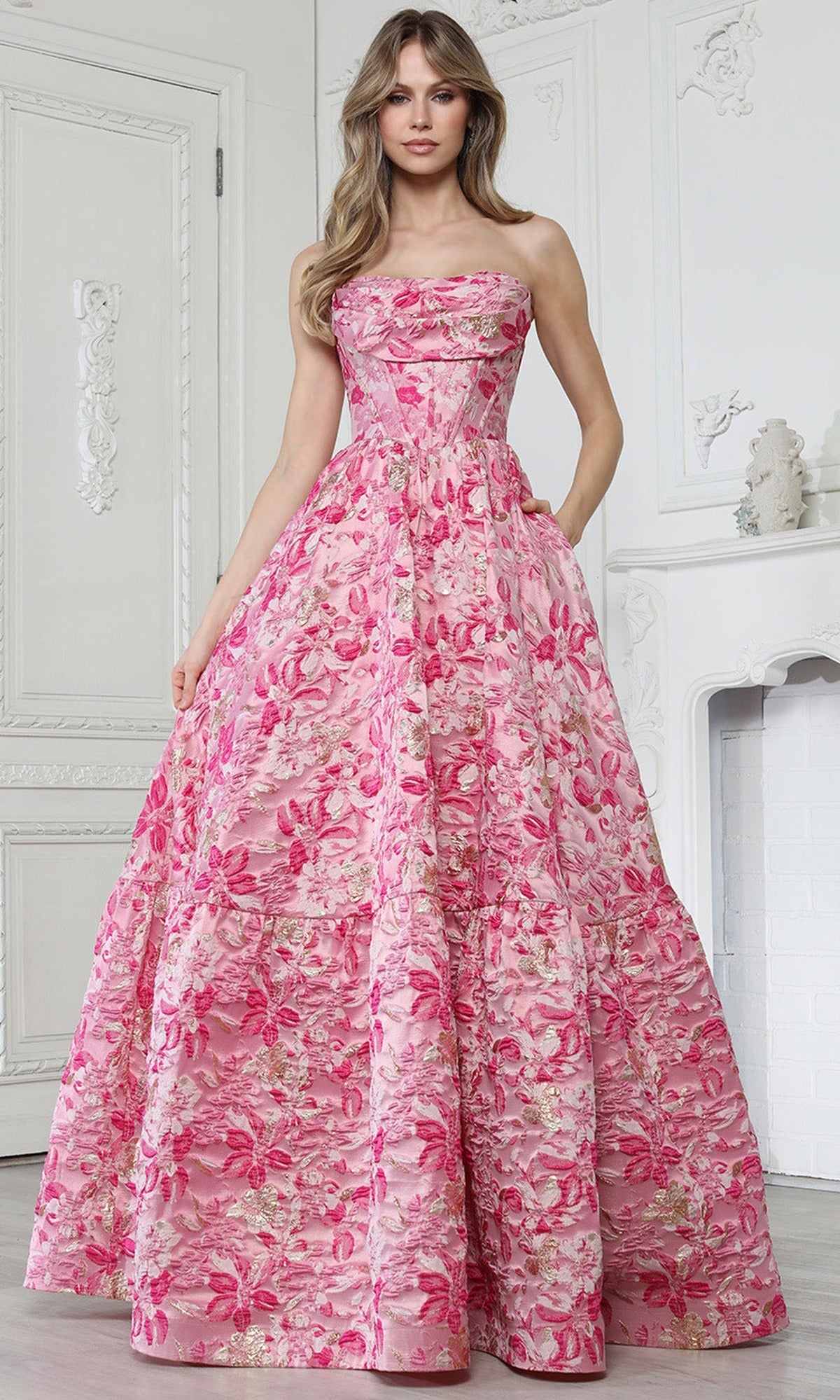 Adora Design 3384 - Floral Strapless Ballgown with Pockets