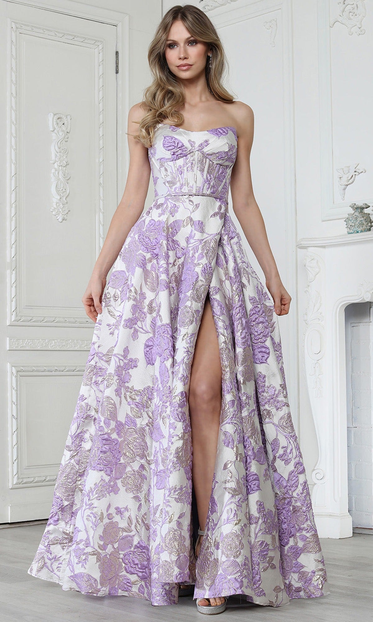 Adora Design 3397 - Floral Pattern Semi-Sweetheart Long Gown